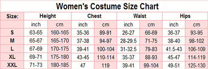 Women cosplay size chart